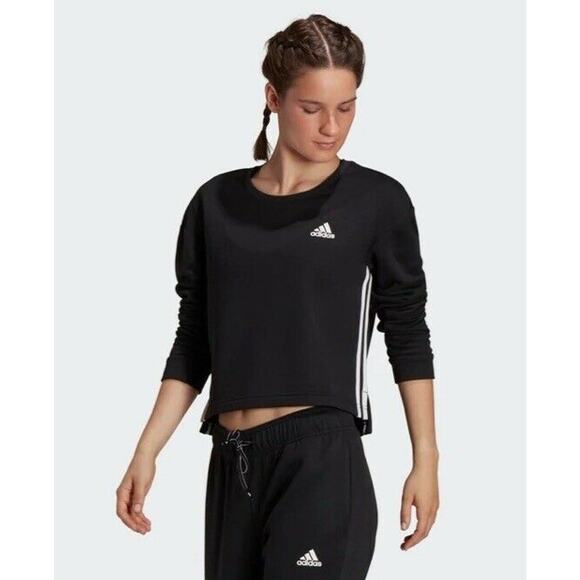 Adidas Primegreen Women's Fleece Loose Cropped 3-Stripes Sweatshirt 2XL Black - Picture 7 of 10